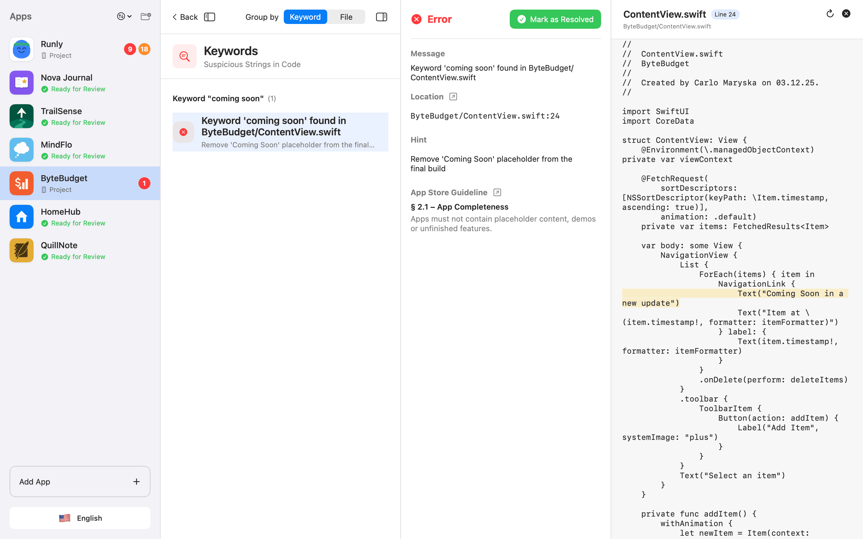 Preflight code editor showing direct issue fixing